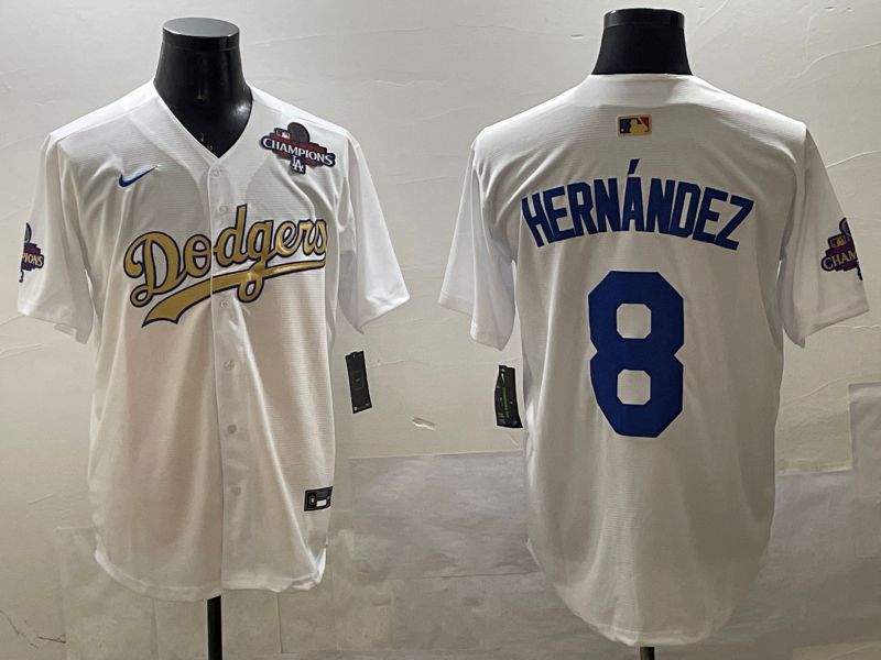 Men Los Angeles Dodgers 8 Hernandez White Champion gold character 2025 Nike MLB Jersey style 3314